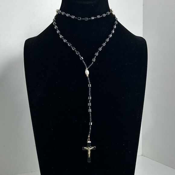 Hematite Bead Rosary 13.5" Gray & Gold-tone Seed Beads With Cultured Pearls - Picture 1 of 8